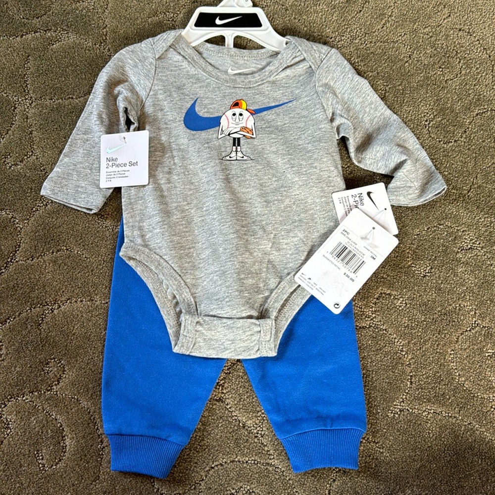 Nike 2 Piece Set Game Royal Gray Baseball Onesie and Blue Sweatpants Size 3M